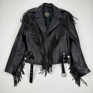 Open Road Collection Fringe Leather Motorcycle Jacket Black Vintage 44